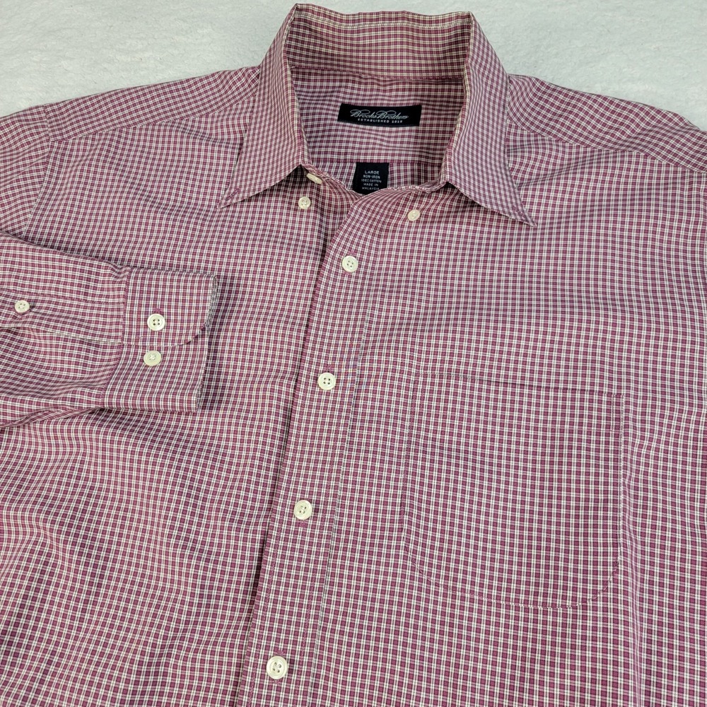 Brooks Brothers Dress Shirt Mens Large Red White Plaid Check Non Iron All Cotton